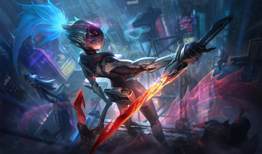 Akali League of Legends Project skin on neon futuristic rooftop with glowing blade ready for combat Wallpaper