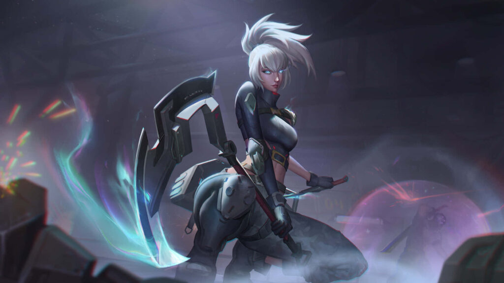 Akali League of Legends rogue assassin poised for battle in dynamic atmospheric wallpaper background
