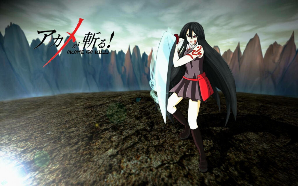 Akame from Akame ga Kill poised for battle with sword fierce expression dramatic landscape wallpaper