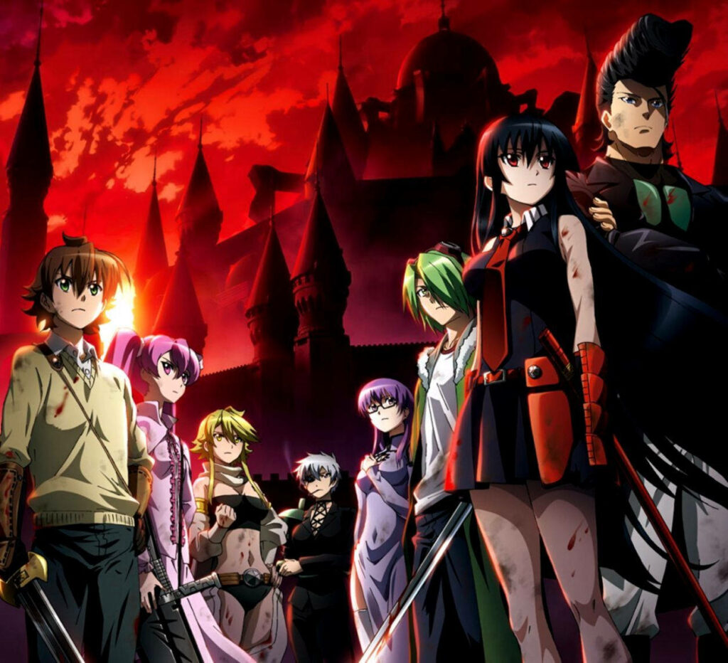 Akame ga Kill main characters with weapons against red sky and castle epic wallpaper background