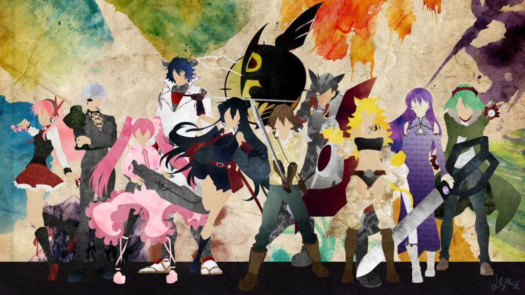 Akame ga Kill main characters in signature uniforms with colorful abstract background wallpaper