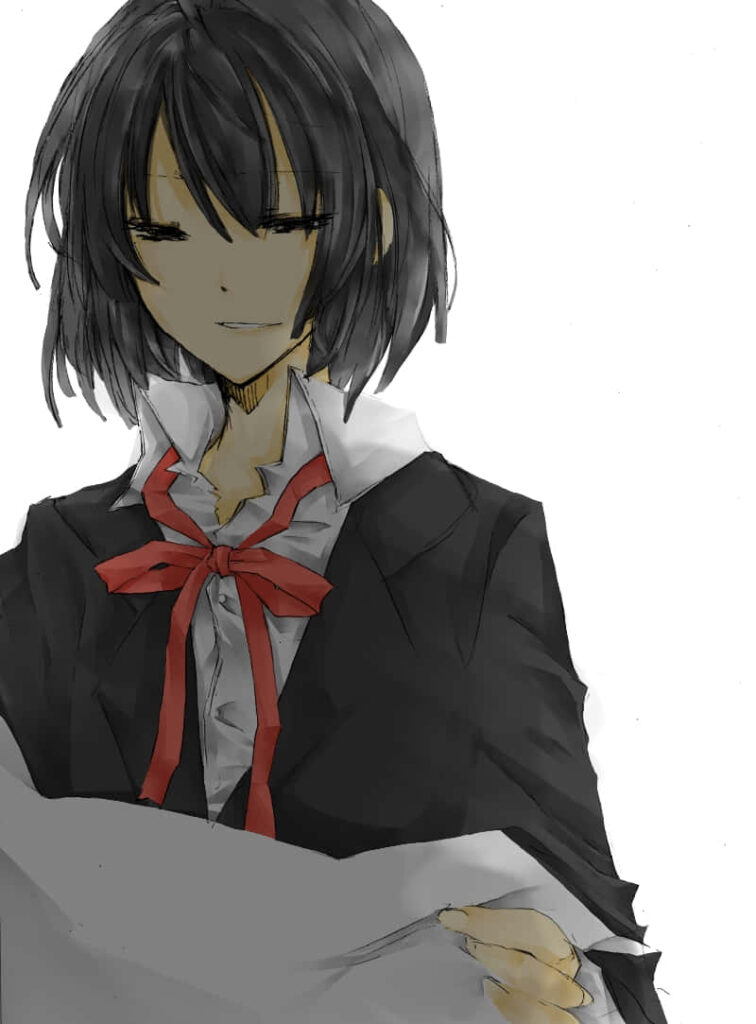 Akane Awakusu in black suit red ribbon confident calm expression white background wallpaper