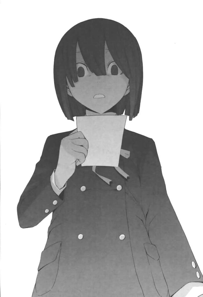 Akane Awakusu holds a letter with calm curious expression on white wallpaper background