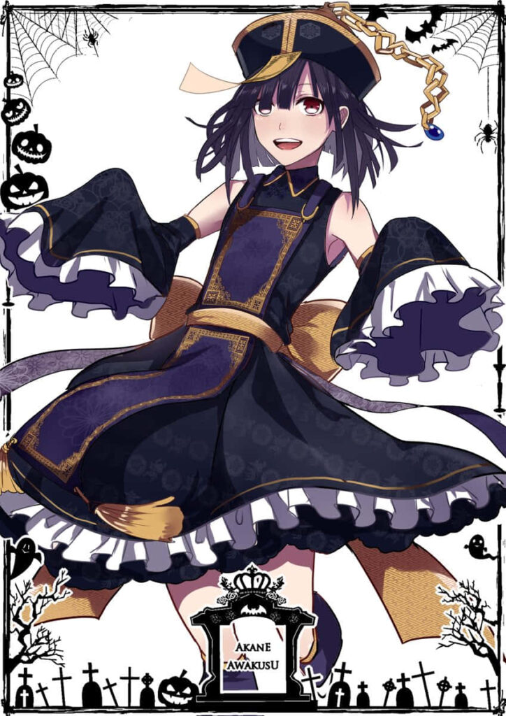 Akane Awakusu in detailed attire posing dynamically with Halloween gothic wallpaper background