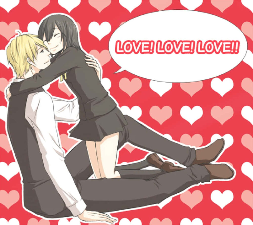 Akane Awakusu and companion sit close with vibrant heart background romantic wallpaper design
