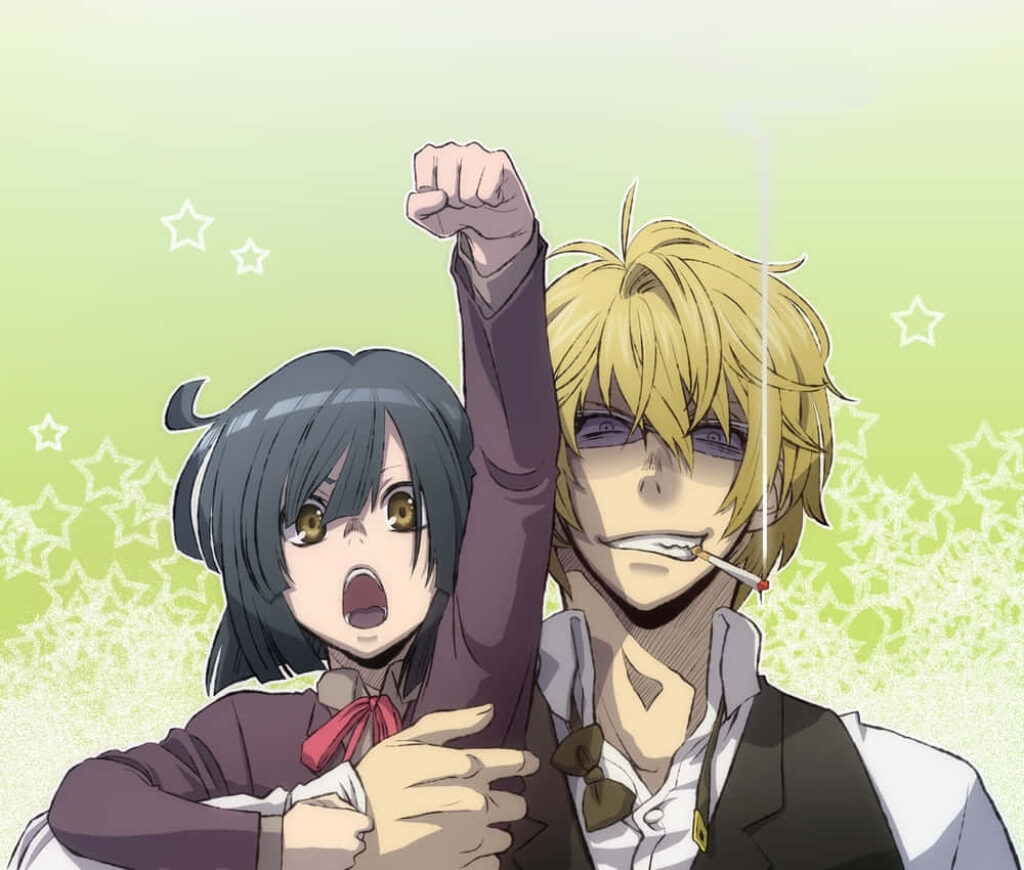 Akane Awakusu determined pose beside blond man smoking starry green anime wallpaper background