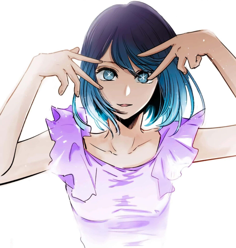 Akane Kurokawa anime girl peace sign light purple ruffled top vibrant wallpaper background