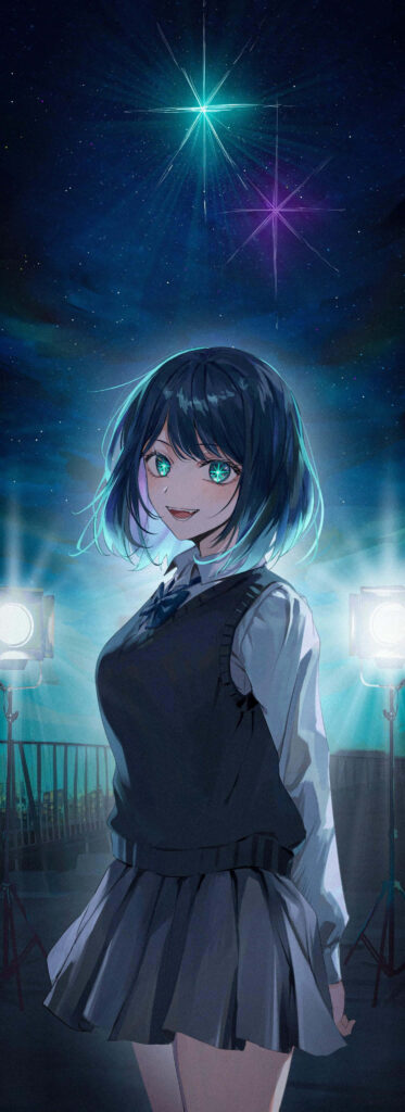Akane Kurokawa stands on school rooftop under starry night sky with soft stage light glow wallpaper