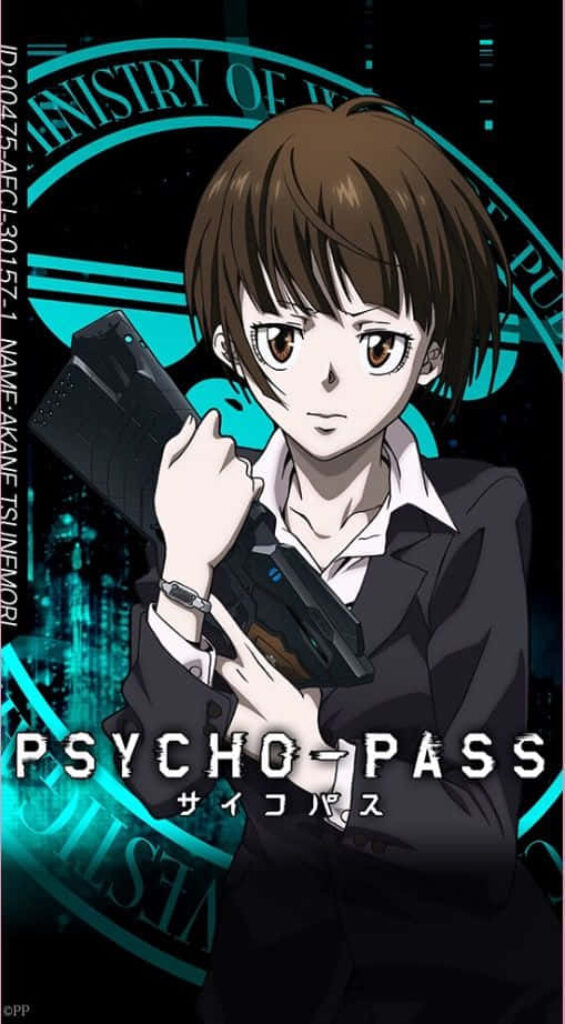 Akane Tsunemori ready for action with weapon drawn futuristic Psycho Pass wallpaper background