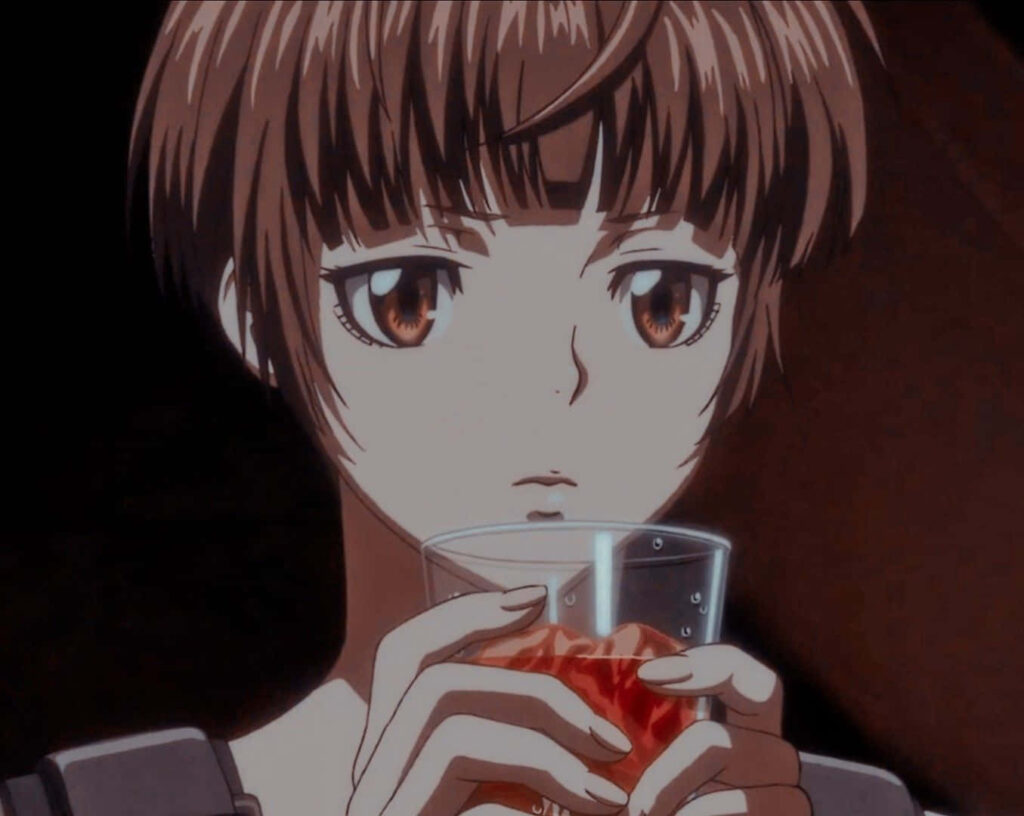 Akane Tsunemori enforcer of justice holding glass observing surroundings calm determined look Wallpaper