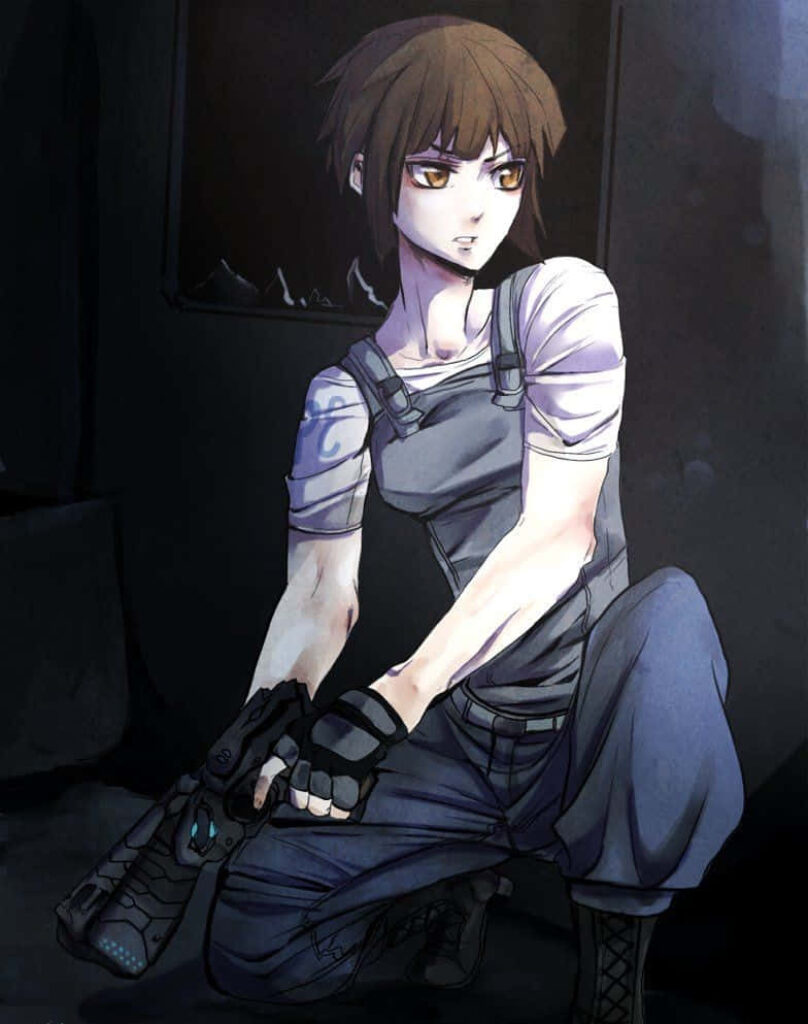 Akane Tsunemori focused kneeling ready with Dominator weapon in dark tense Inspector scene wallpaper