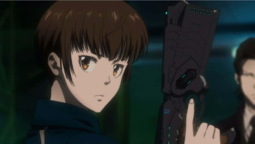 Akane Tsunemori holding Dominator weapon determined fearless detective action wallpaper background