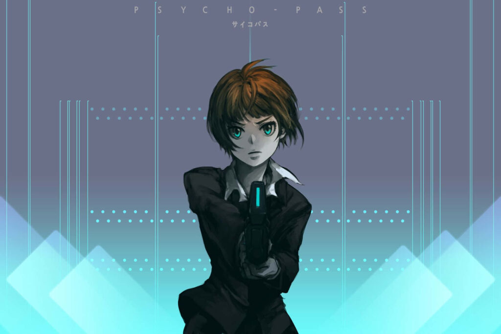 Akane Tsunemori ready for action with gun intense expression futuristic digital backdrop wallpaper