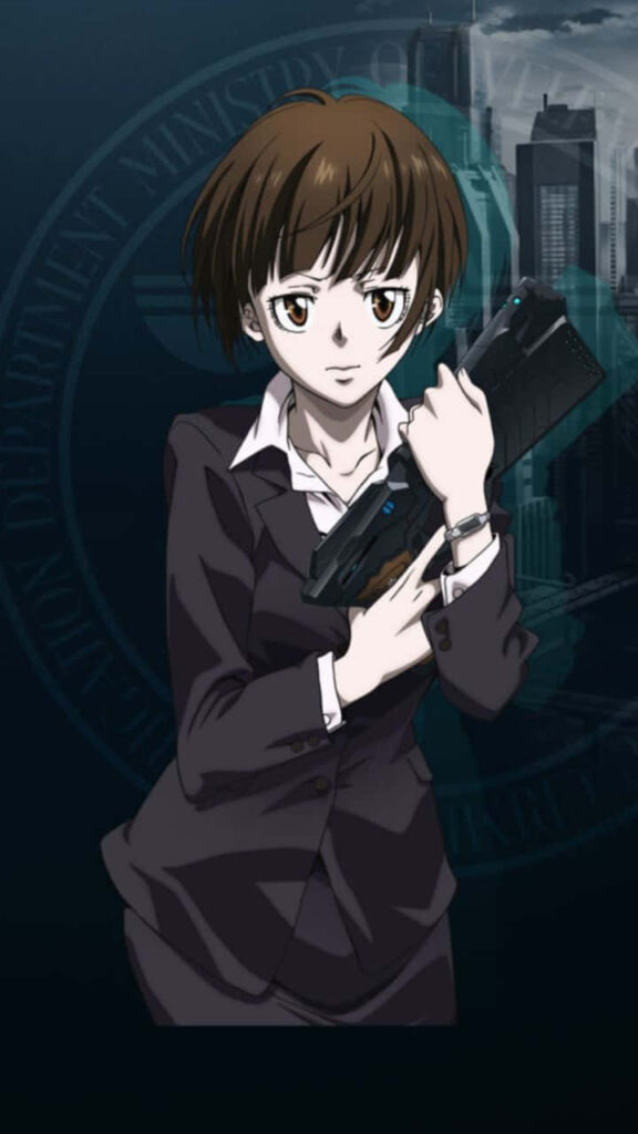 Akane Tsunemori in inspector uniform holding weapon futuristic city backdrop wallpaper