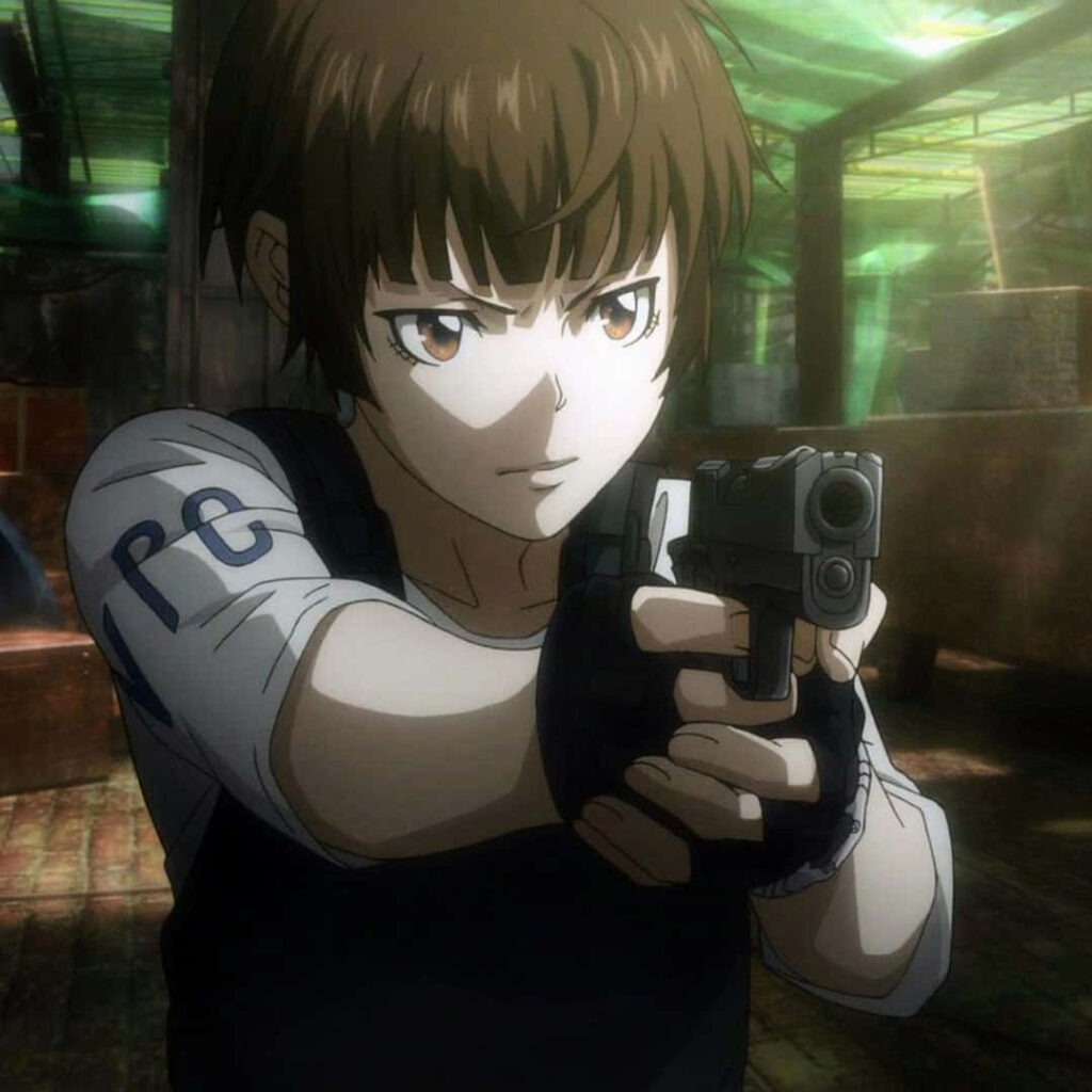 Akane Tsunemori aiming gun with determination in gritty industrial setting intense wallpaper background