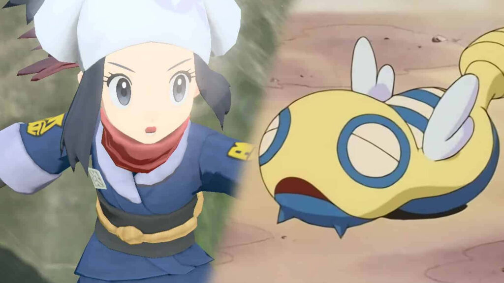 Akari from Pokémon Legends Arceus with Dunsparce in natural adventure wallpaper background