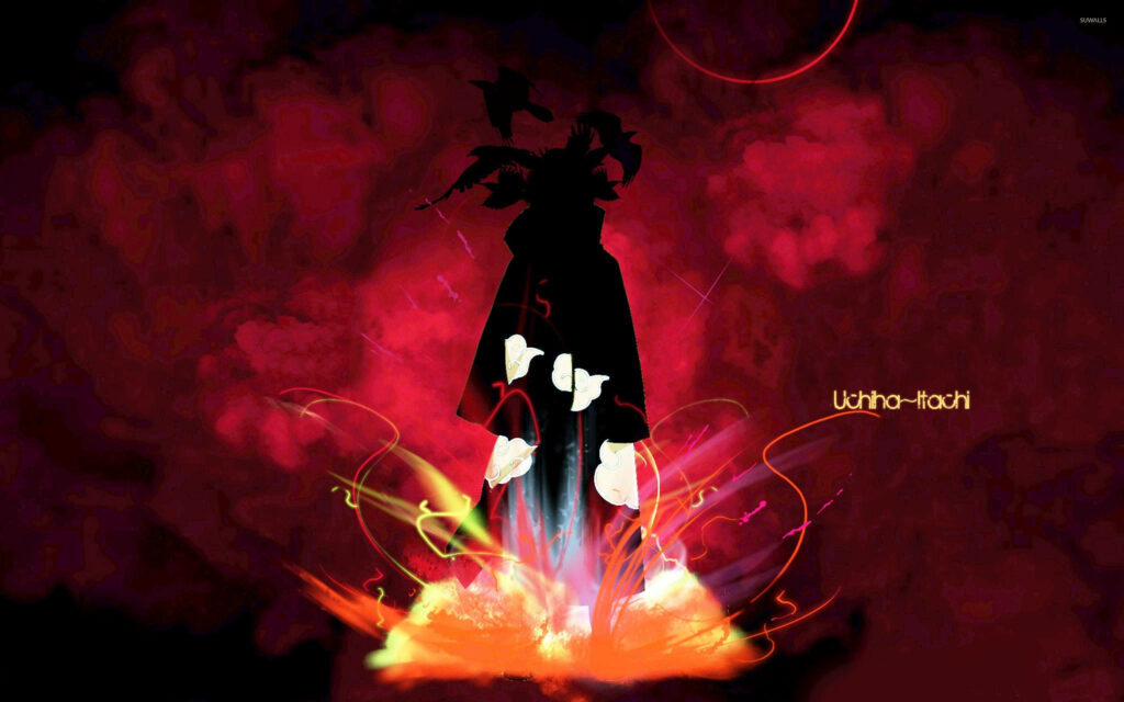 Itachi Uchiha silhouette in Akatsuki cloak with crows and glowing red aura anime wallpaper