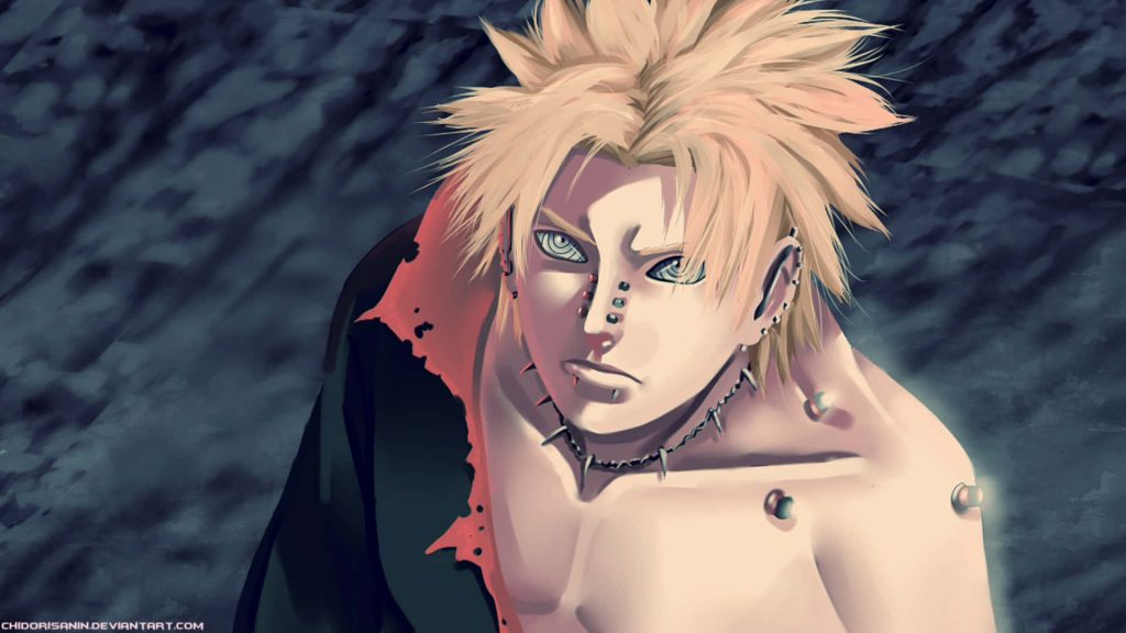 Naruto Pain wallpaper with Rinnegan eyes spiky blonde hair and dramatic moody anime art background