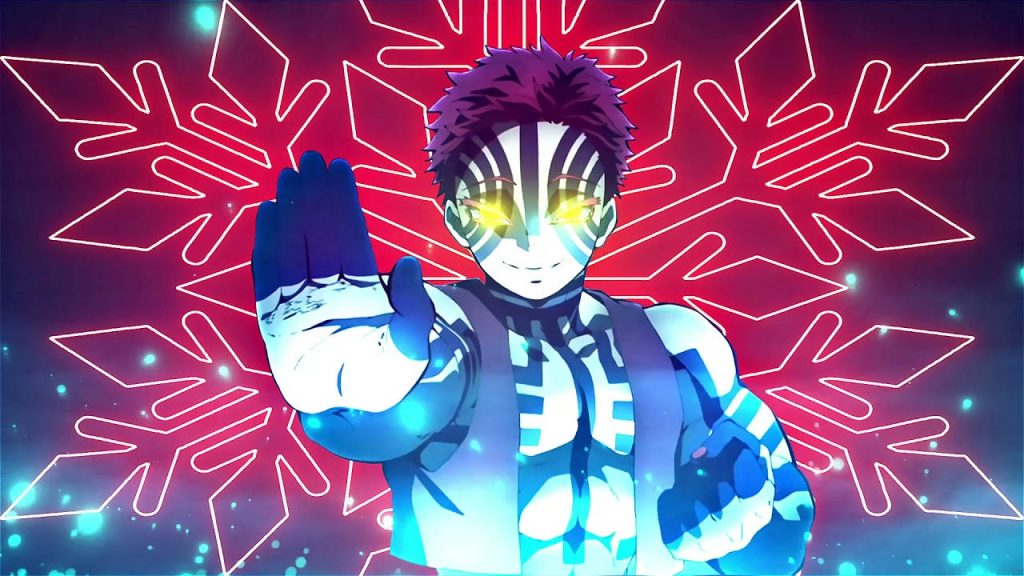 Demon Slayer Akaza wallpaper with neon red snowflake and fierce blue tattooed Upper Moon demon