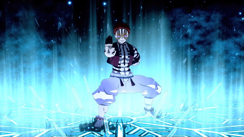 Demon Slayer Akaza in icy blue Destructive Death Compass Needle pose vibrant anime wallpaper