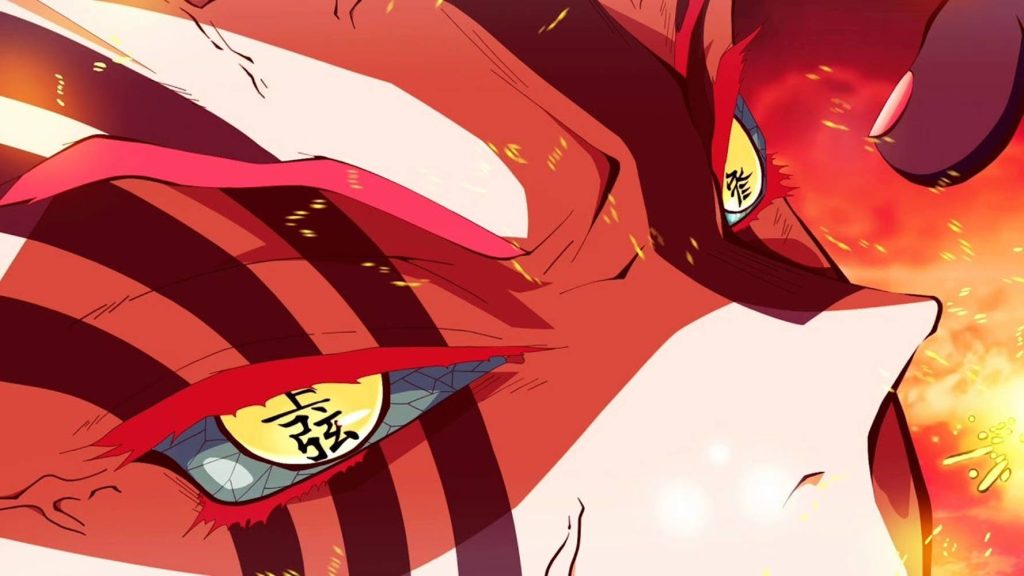 Akaza Demon Slayer close-up glowing yellow eyes Upper Rank 3 kanji fiery red intense wallpaper