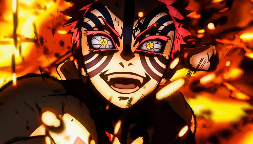 Akaza Wallpaper Demon Slayer Upper Rank Three Blue Tattoos Yellow Eyes Orange Flames