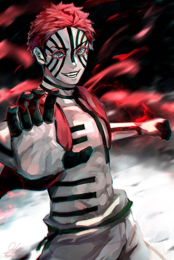 Akaza Demon Slayer wallpaper fierce Upper Rank Three demon blue tattoos pink hair crimson background
