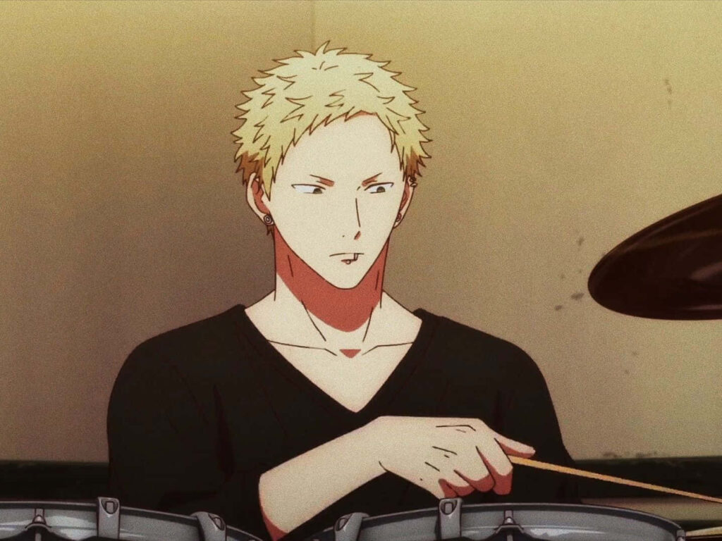 Akihiko Kaji playing drums with focused expression cool demeanor anime Given wallpaper background