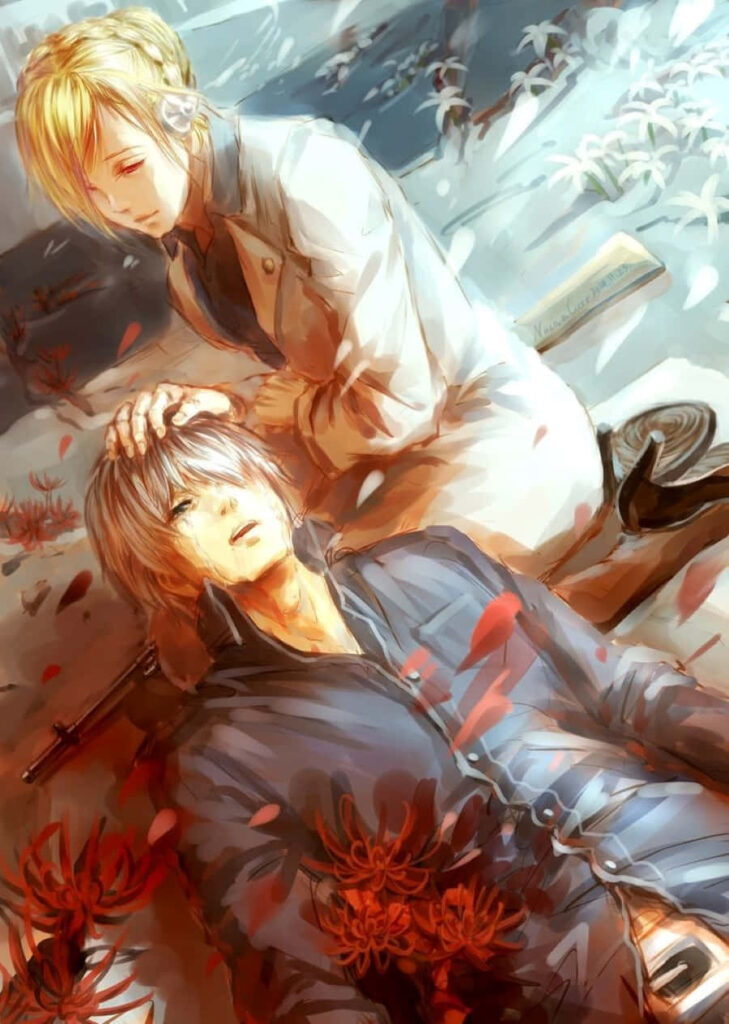 Akira Mado comforting fallen comrade in flower-filled somber wallpaper background scene