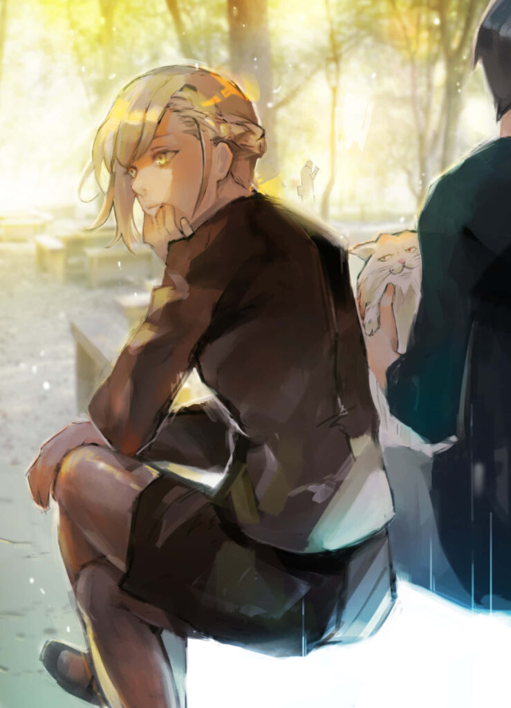 Akira Mado sitting on bench in warm sunlight under trees deep in contemplative thought wallpaper background