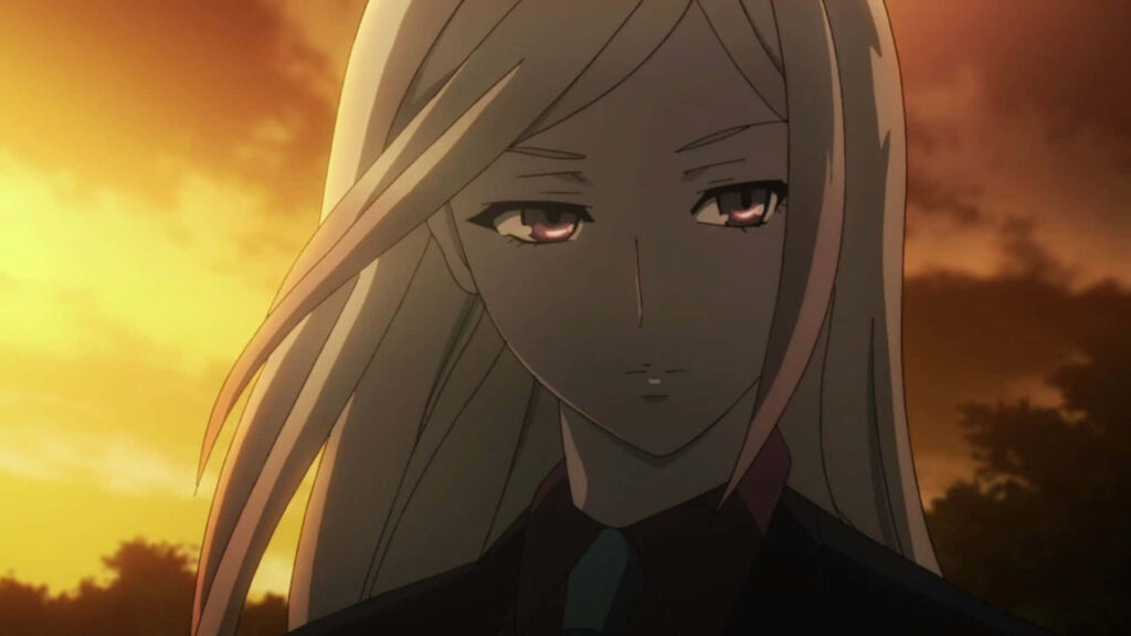 Akira Mado anime character with intense focus and calm expression at dramatic sunset wallpaper background
