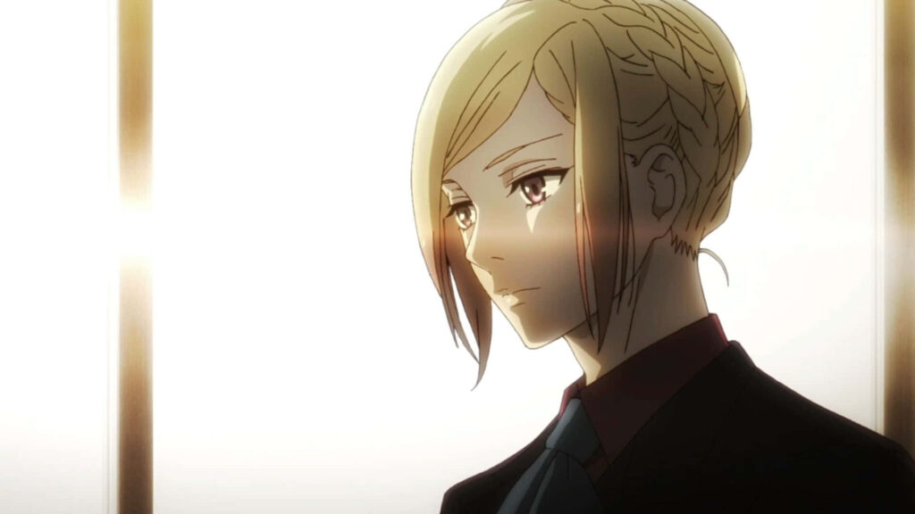 Akira Mado focused in full investigator attire standing poised in intense wallpaper background