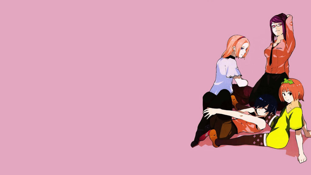 Akira Mado from Tokyo Ghoul in deep thought with characters on minimalist pink wallpaper background