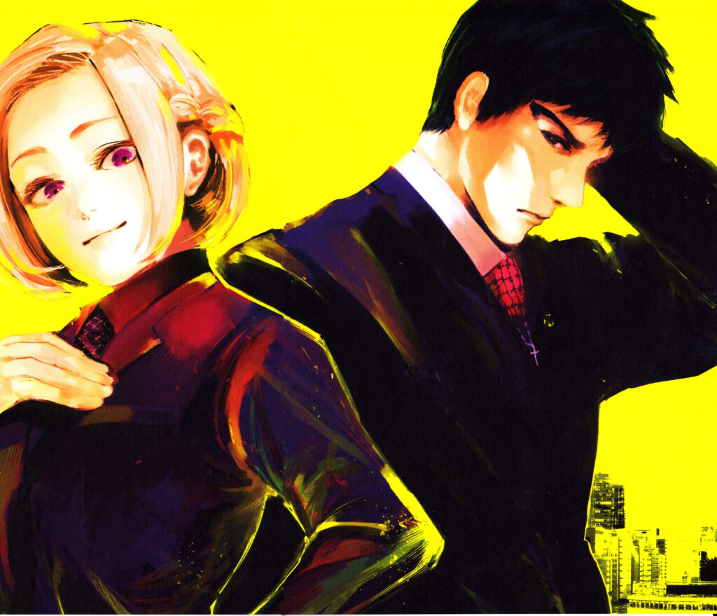 Akira Mado in formal attire stands confidently with partner on vibrant yellow intense action wallpaper background