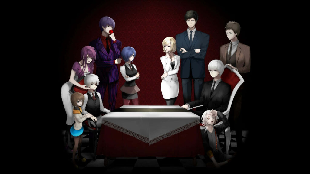 Akira Mado stands confidently with Tokyo Ghoul characters around a table in dramatic wallpaper