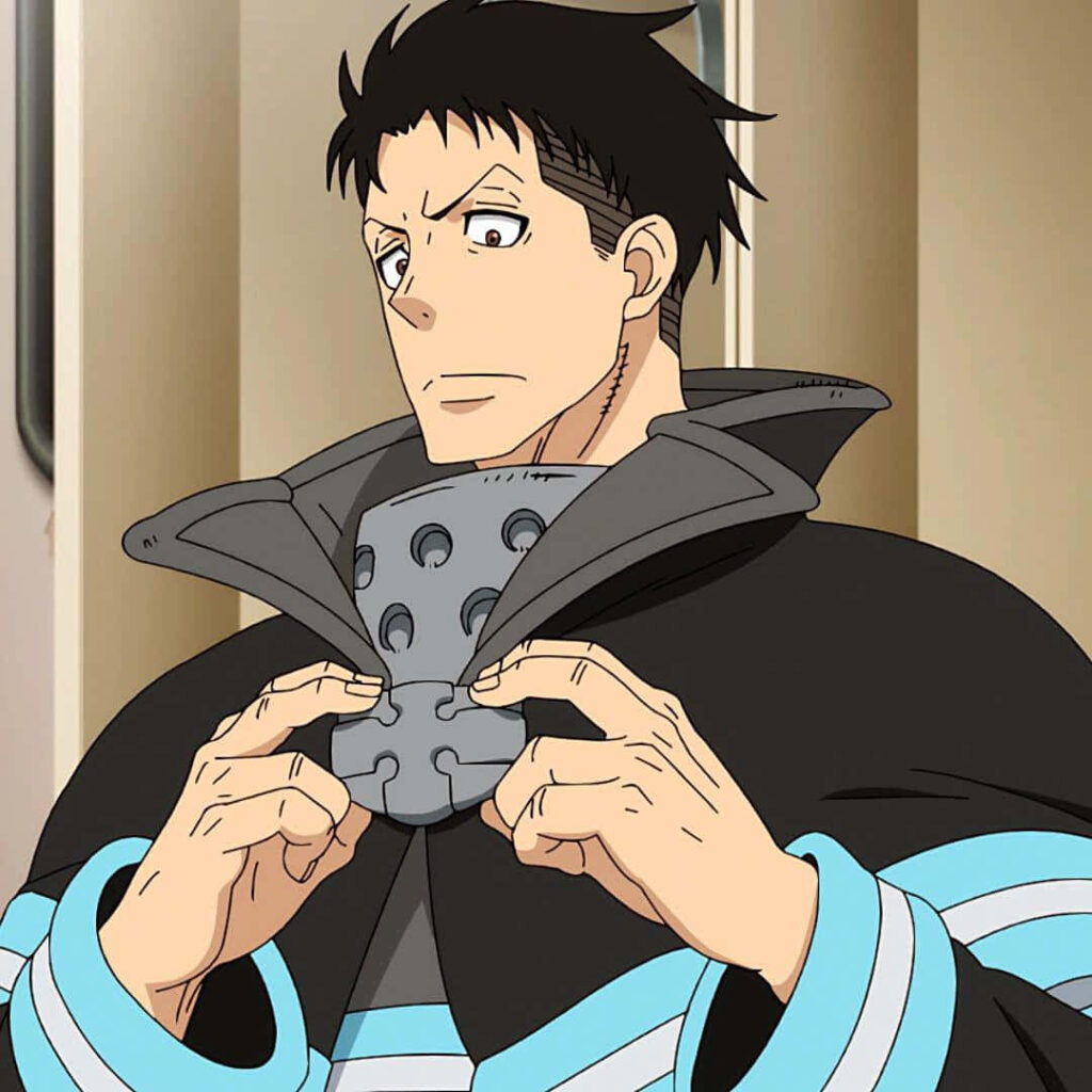 Akitaru Ōbi from Fire Force adjusting protective gear detailed anime wallpaper background