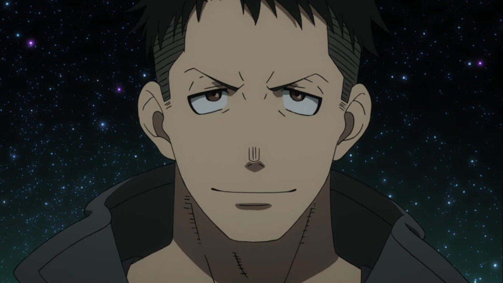 Akitaru Ōbi from Fire Force confident pose against starry night sky wallpaper background