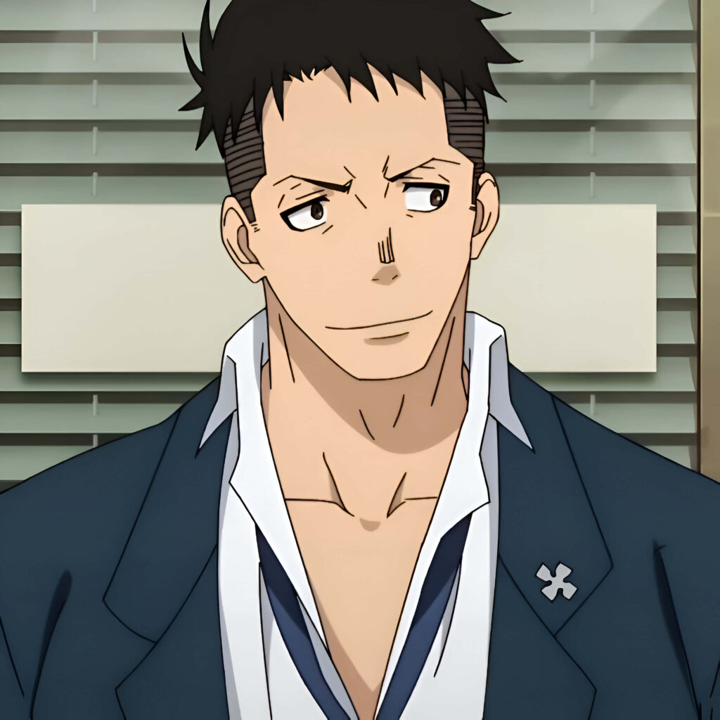 Akitaru Ōbi Fire Force wallpaper in signature uniform confident expression horizontal blinds background