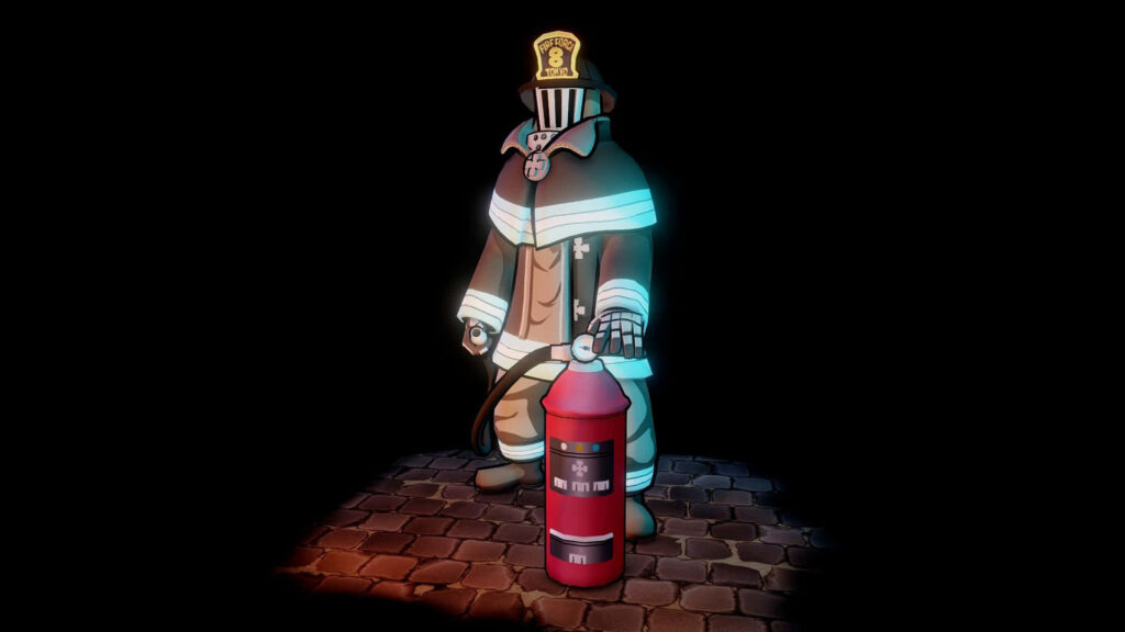 Akitaru Ōbi firefighter anime wallpaper dramatic lighting full gear fire extinguisher background
