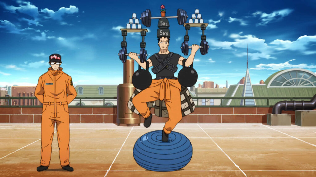 Akitaru Ōbi intense rooftop training balancing stability ball lifting heavy weights Fire Force Wallpaper