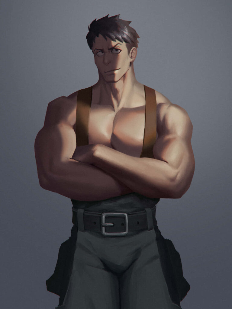 Akitaru Ōbi muscular anime character standing confident arms crossed strong physique wallpaper