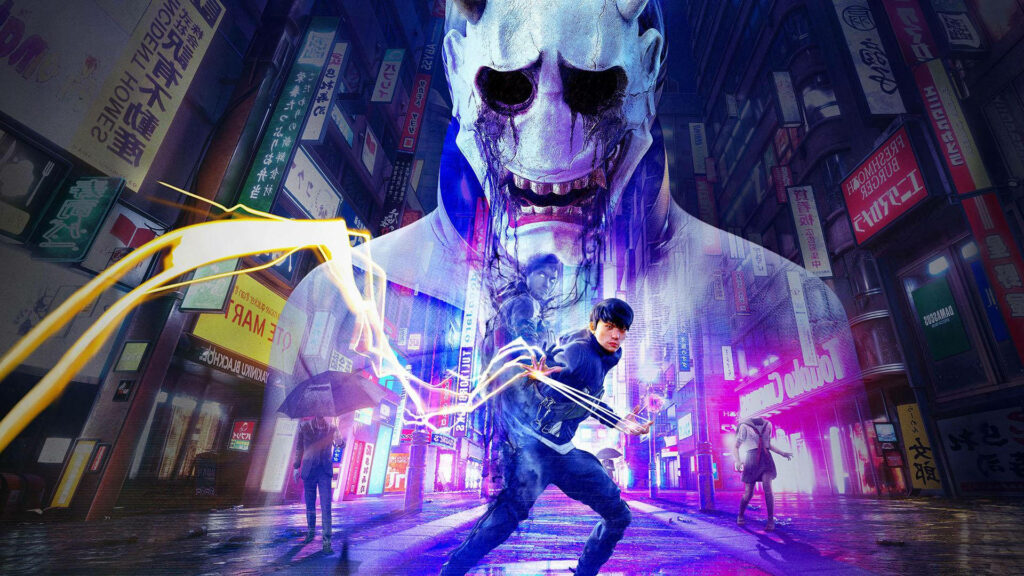 Akito from Ghostwire Tokyo channels supernatural energy on neon city street with ghostly figure Wallpaper