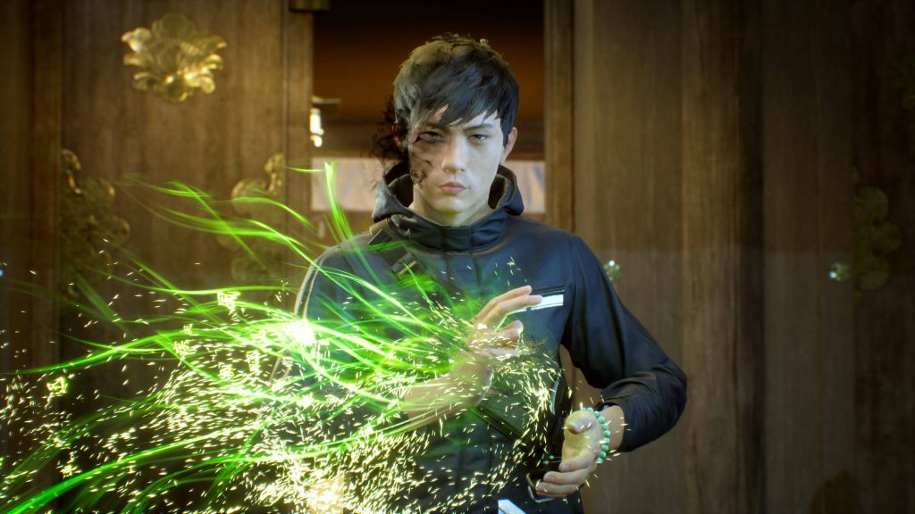 Akito Izuki from Ghostwire Tokyo using Wind Weaving powers with green energy in Japanese setting Wallpaper