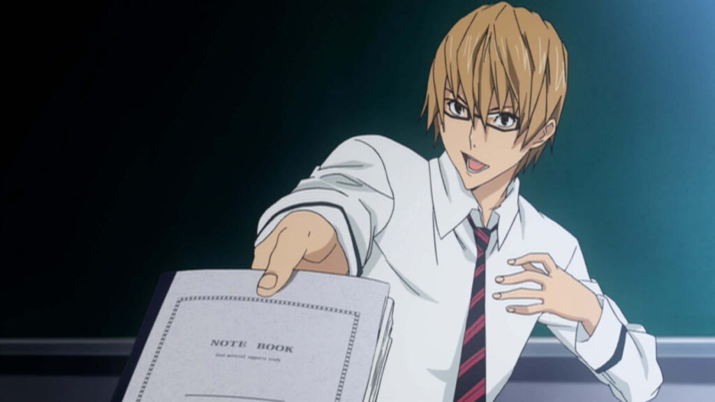 Akito Takagi anime character confidently holding notebook vibrant wallpaper background