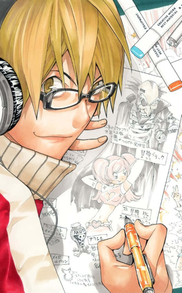 Akito Takagi focused on manga illustrations at desk with art supplies and detailed sketches Wallpaper