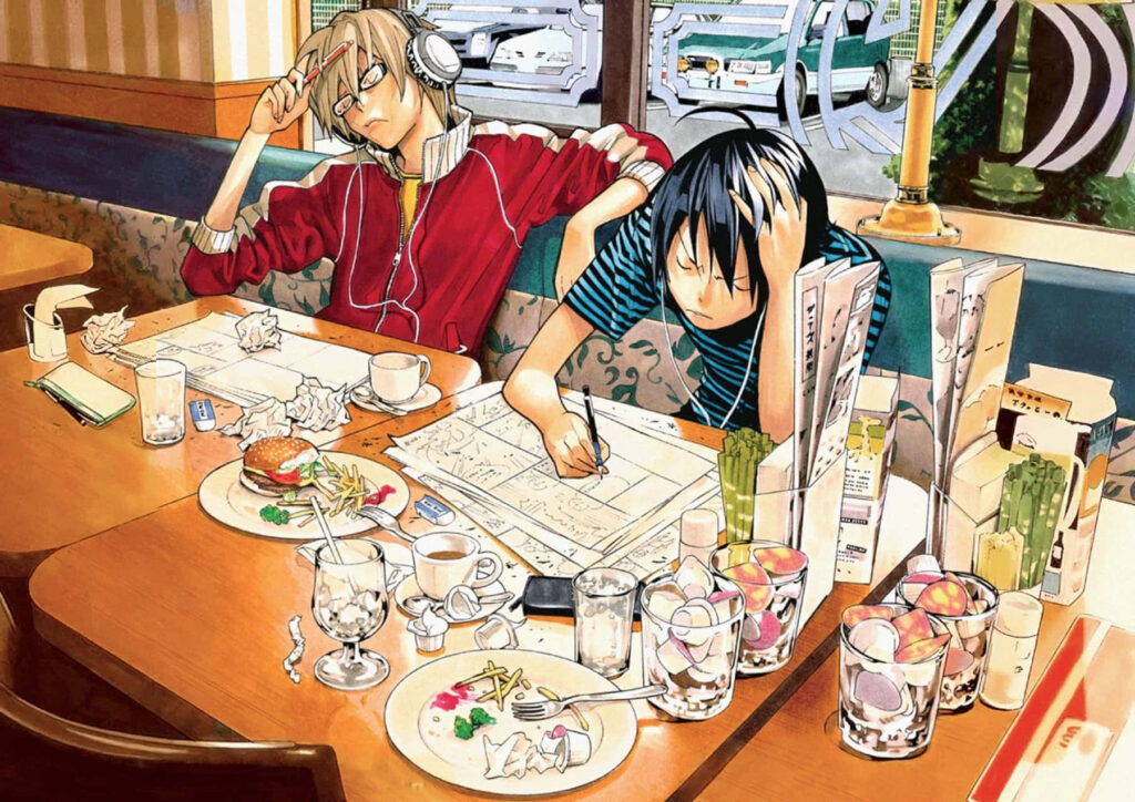 Akito Takagi focused on manga creation with sketches and food in a lively diner setting background Wallpaper