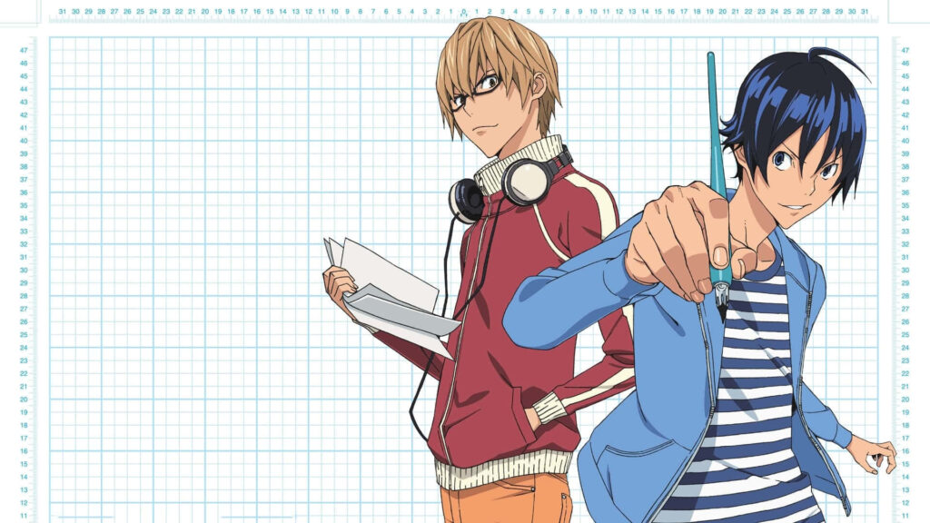 Akito Takagi and anime character confident pose on crisp graph paper creative duo wallpaper