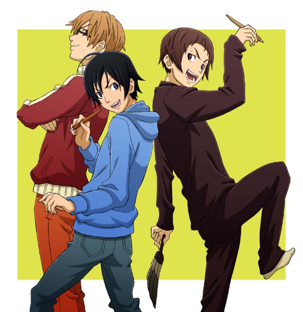 Akito Takagi and two friends in dynamic pose vibrant yellow background animated wallpaper