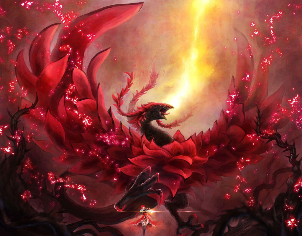 Akiza Izinski with fiery dragon and crimson petals glowing embers Yu-Gi-Oh 5Ds wallpaper background
