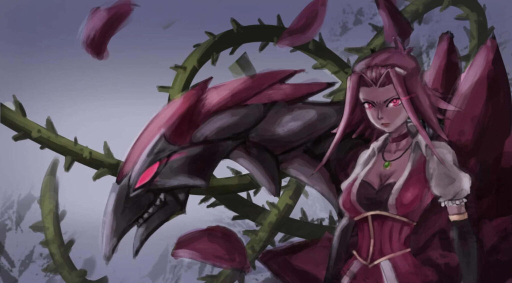 Akiza Izinski YuGiOh 5D wallpaper with powerful monster and swirling thorny vines background